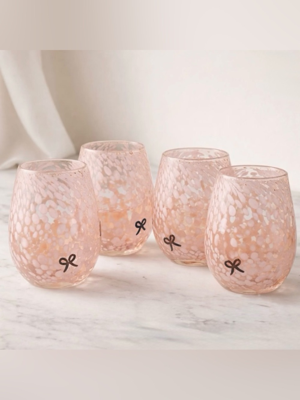 Set of 4 Pink Confetti Stemless Wine Glasses with‎ Black Coquette Bow Icons NEW